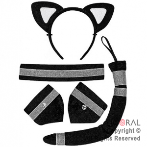 SET DISFRAZ GATITA KITTY VINCHA OREJAS COLLAR COLA Y MUEQUERAS